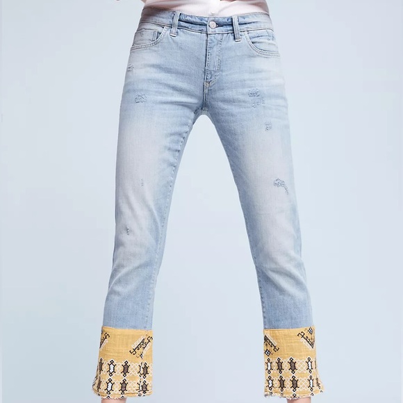 Anthropology Pilcro Hyphen Mid-Rise Boyfriend Bandana Raw Hem Boho Aztec Jeans - Picture 14 of 16